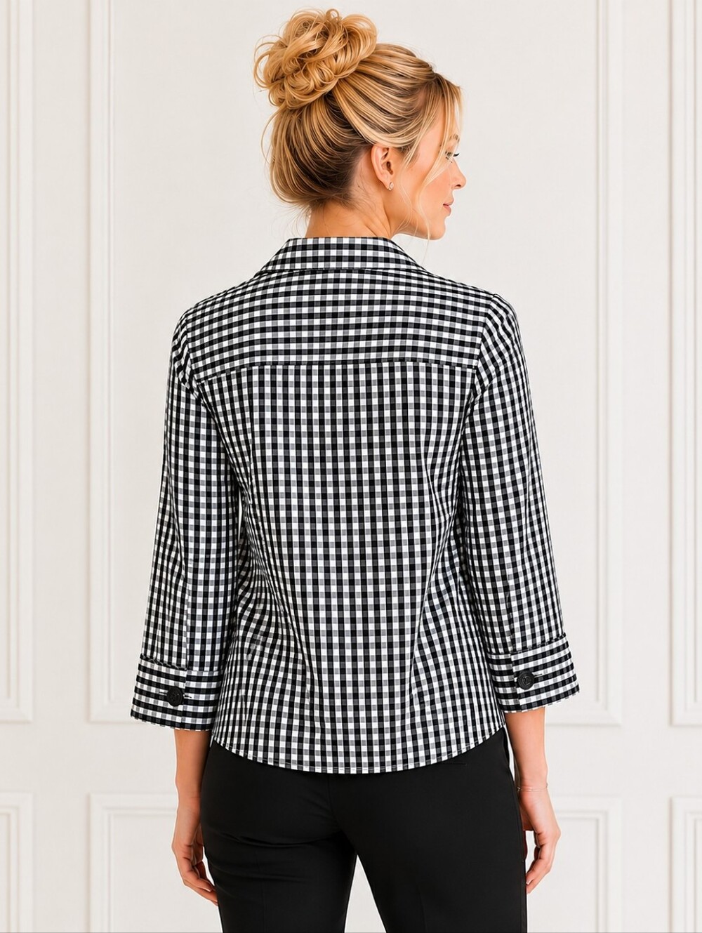 Foxcroft Black & White Gingham Button Front Blouse Size 14 | 3/4 Sleeve - Picture 2 of 9